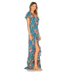 Auguste Beach House Frill Dress Wrap Womens 4 Blue Floral Maxi Ruffle Flutter